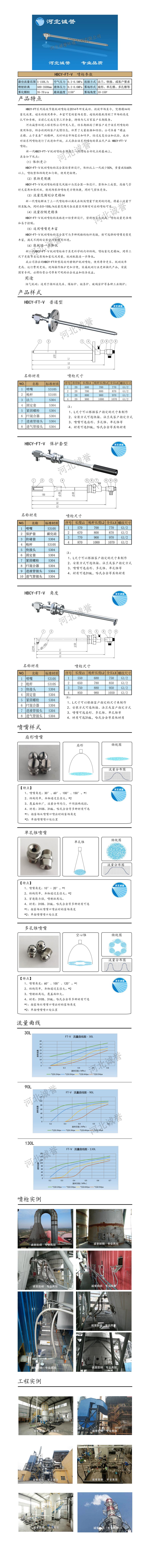 FT-V脫硝噴槍、保護套、噴槍參數(shù)、材質(zhì)尺寸、流量分布圖、扇形空心錐俯視圖介紹，以及噴槍霧化視頻展示和工程案例介紹