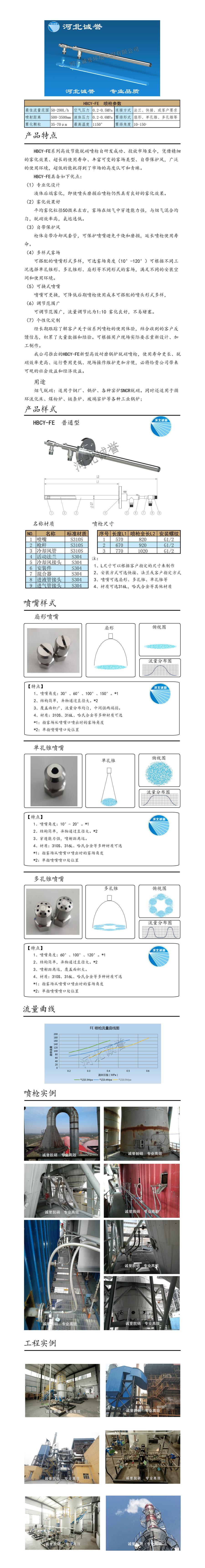 電廠脫硝噴槍保護套、噴槍參數(shù)、材質(zhì)尺寸、流量分布圖、扇形空心錐俯視圖介紹，以及噴槍霧化視頻展示和工程案例介紹